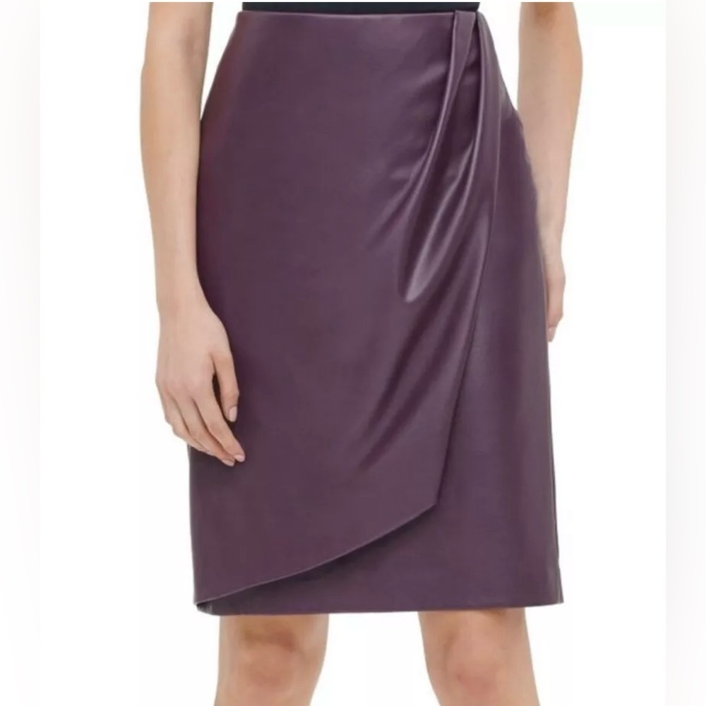 Calvin Klein Plum Faux-Leather Draped Pencil Skirt